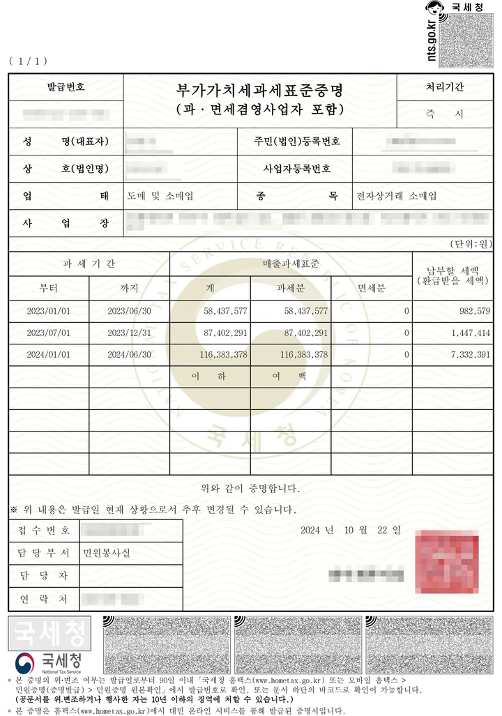국세청 부가가치세 과세표준증명. 2023 상반기 58,437,577원, 2023 하반기 87,402,291원, 2024 상반기 116,383,378원